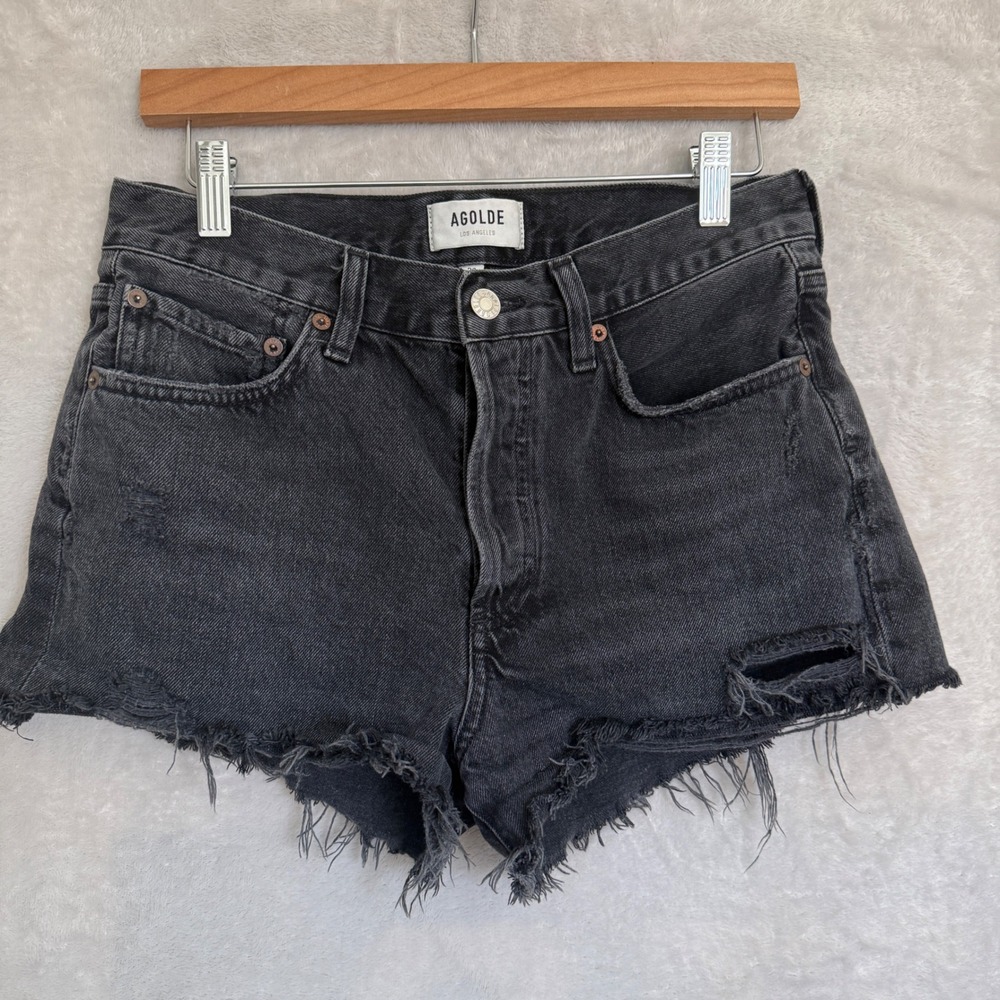 Agolde Parker High Rise Cut Off Denim Shorts Black Distressed Size 26 americana